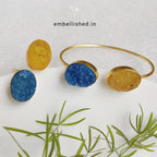 Sugar druzy bangle and finger ring set - yellow blue