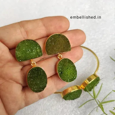 Sugar druzy bangle and drop earrings set - olive green