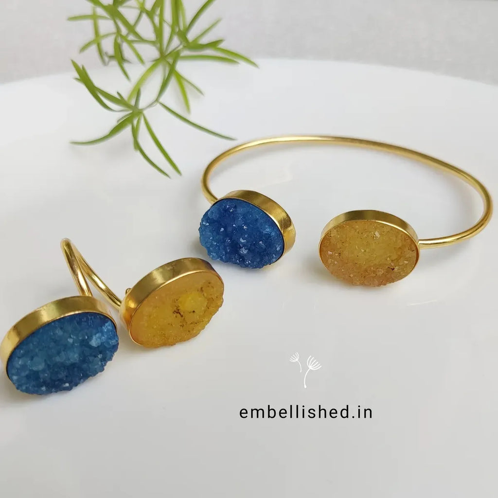 Sugar druzy bangle and finger ring set - yellow blue