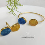 Sugar druzy bangle and finger ring set - yellow blue