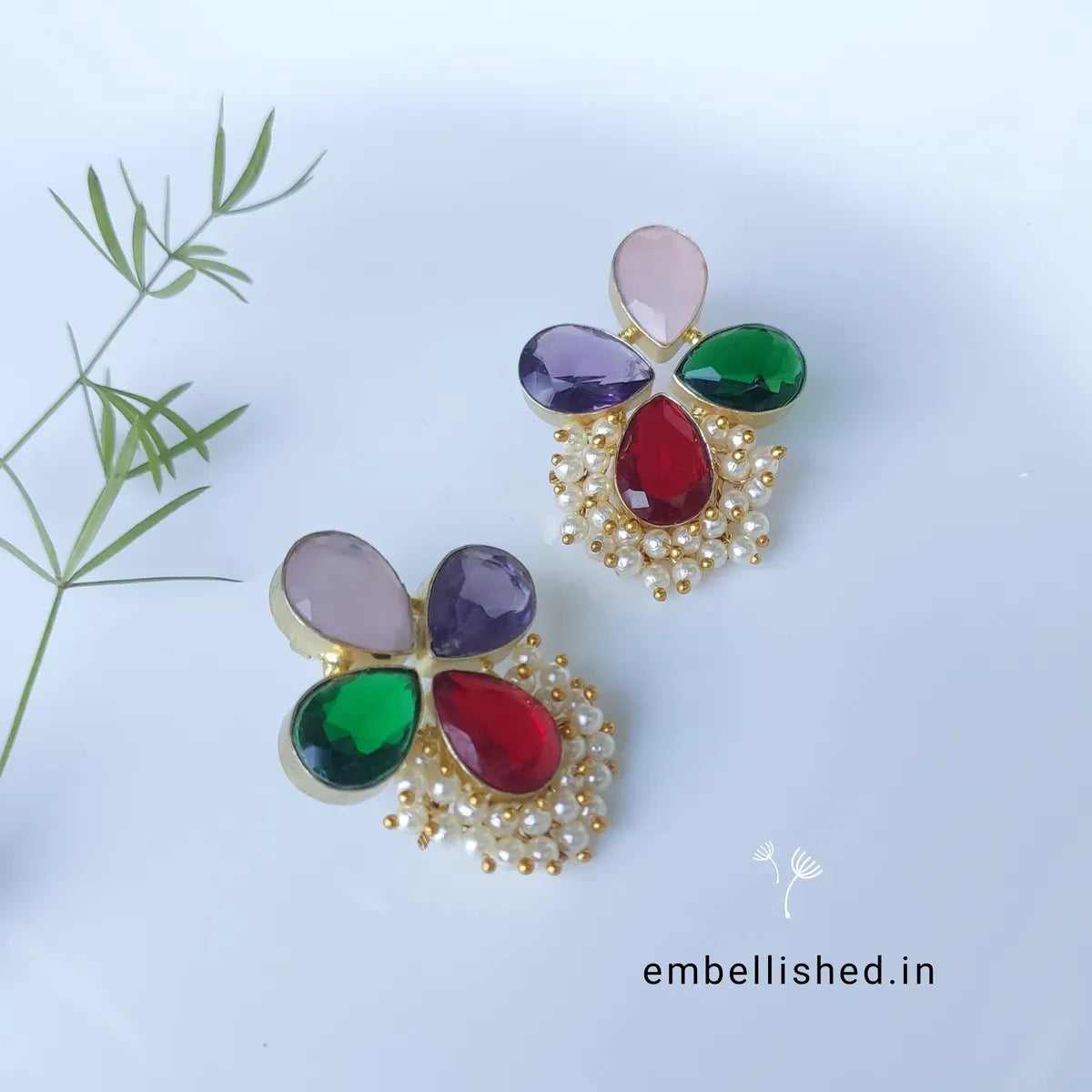 Multi-colored four stones cluster pearl tops