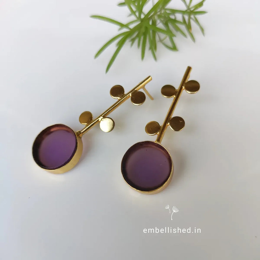 Floret stick earrings with grape smoky glass stones