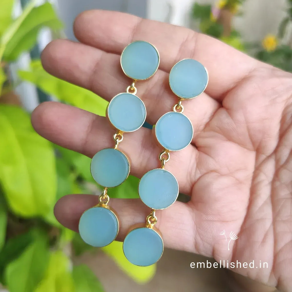 Glass button rope earrings - sky blue