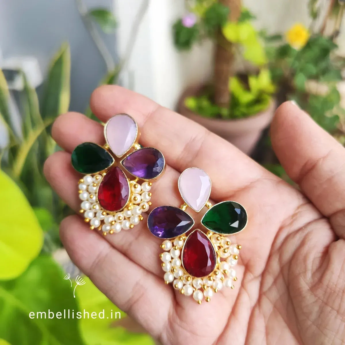 Multi-colored four stones cluster pearl tops