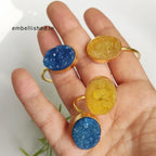 Sugar druzy bangle and finger ring set - yellow blue