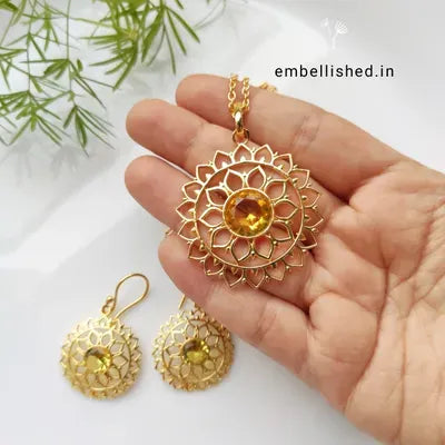 Sunflower pendant earrings chain set