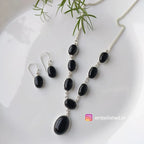 Silver-plated glass stone necklace set - black