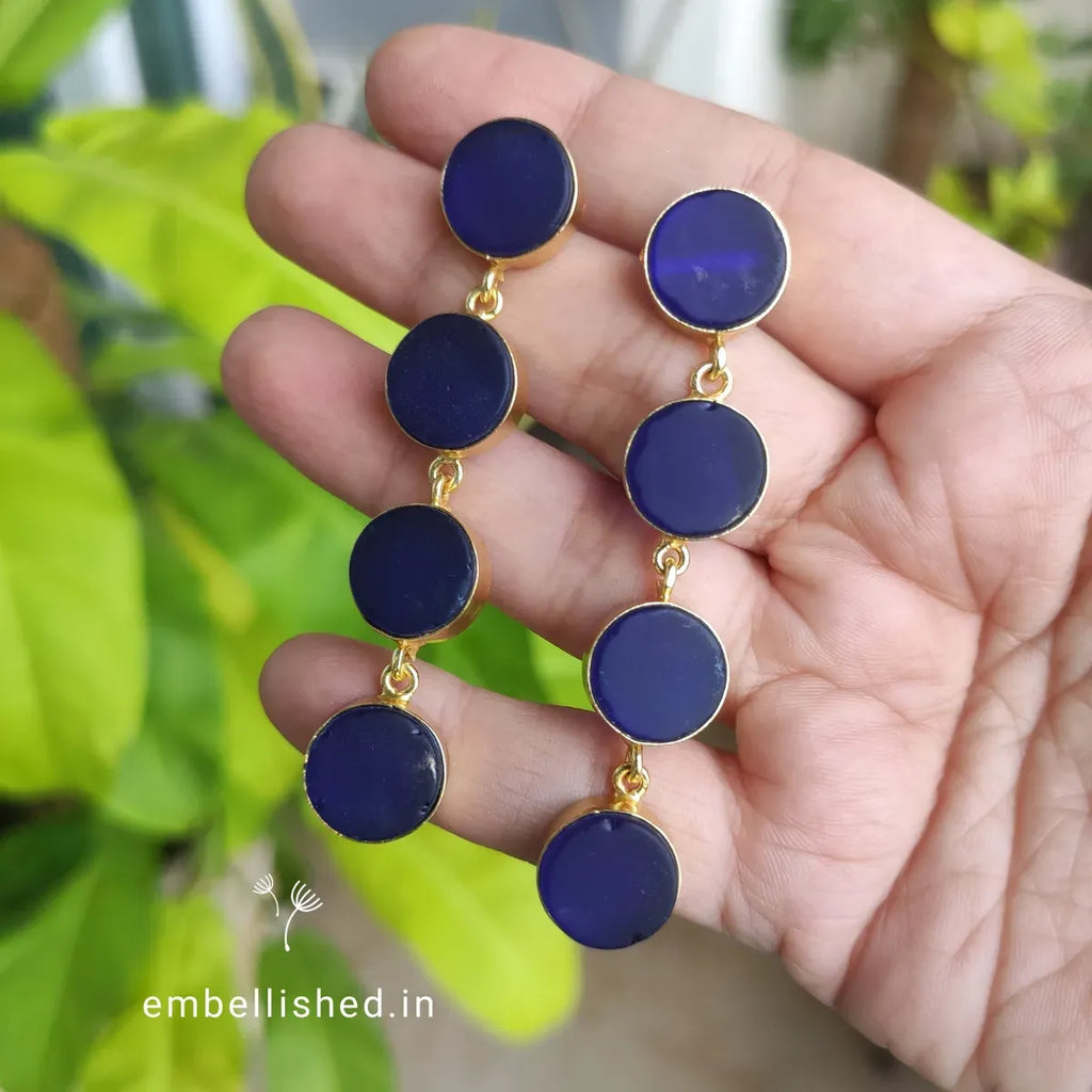 Glass button rope earrings - ink blue