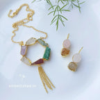 Multi-colored raw stones ring pendant chain with hook earrings