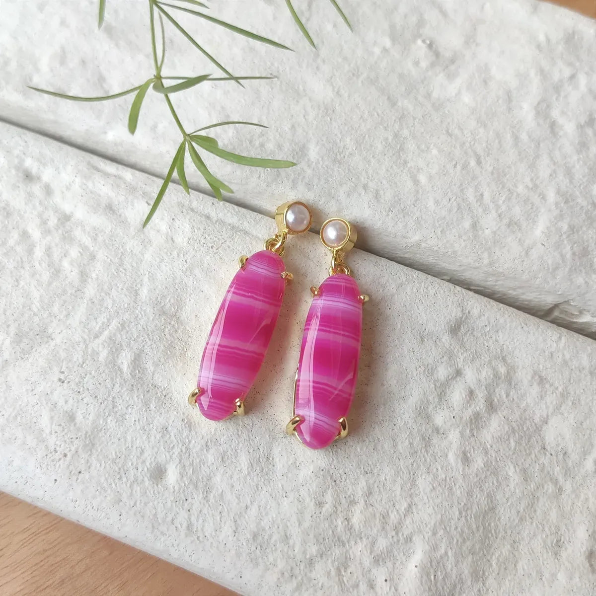 Chalcedony candy drop earrings with pearl - hot pink