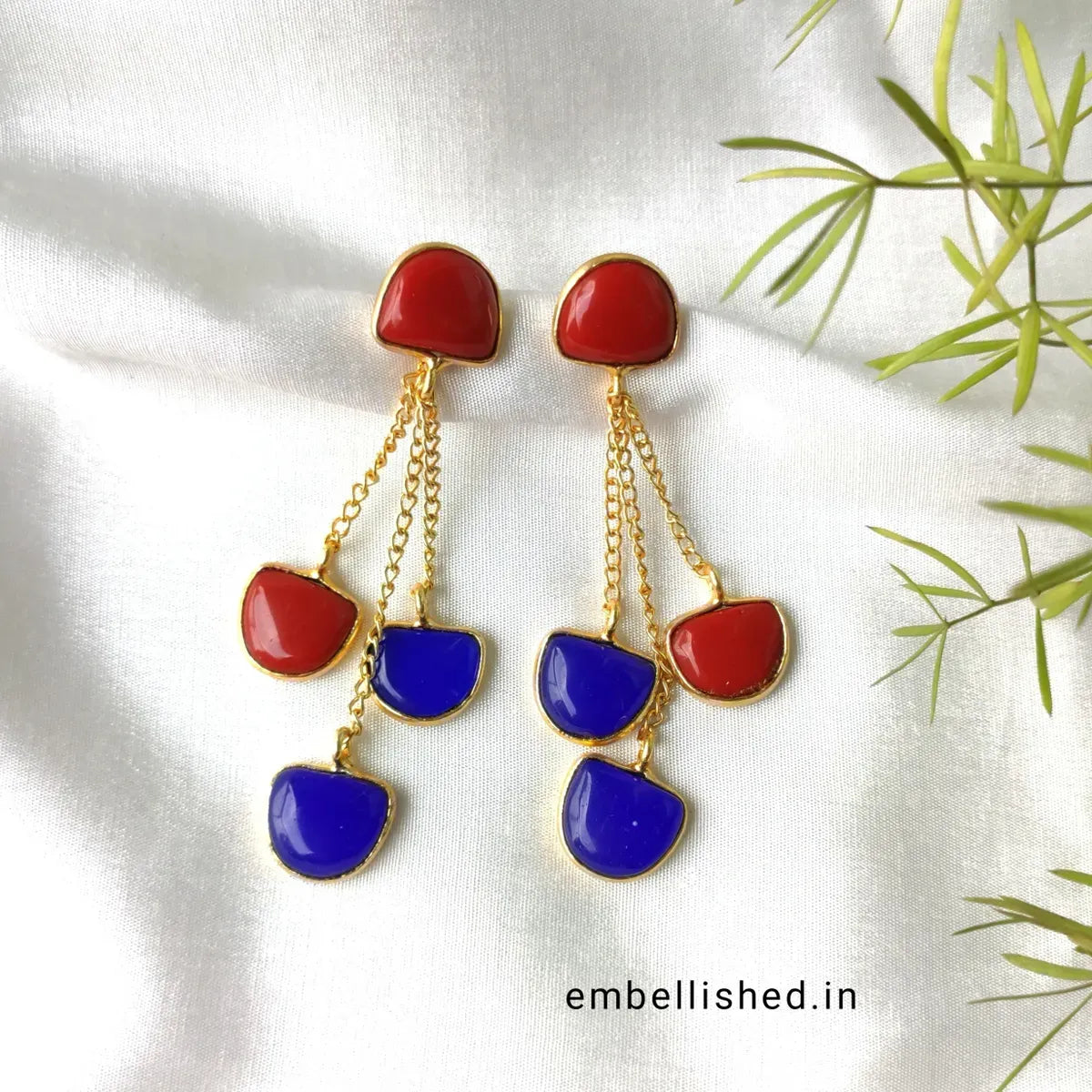 Red and blue Chalcedony dangling stones on chain earrings