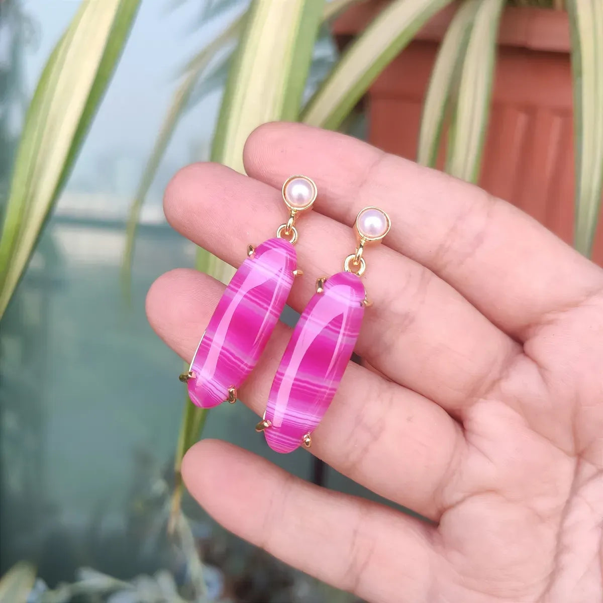 Chalcedony candy drop earrings with pearl - hot pink