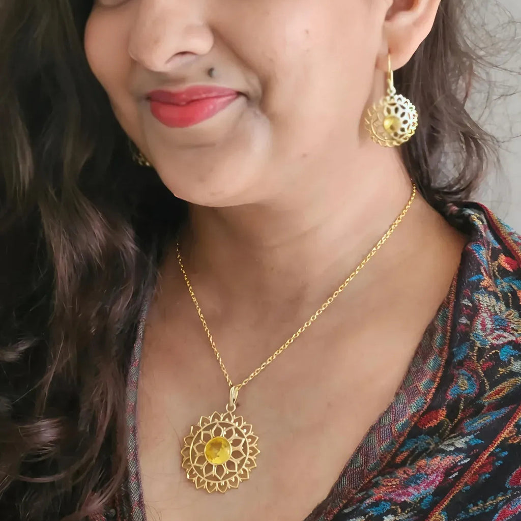 Sunflower pendant earrings chain set