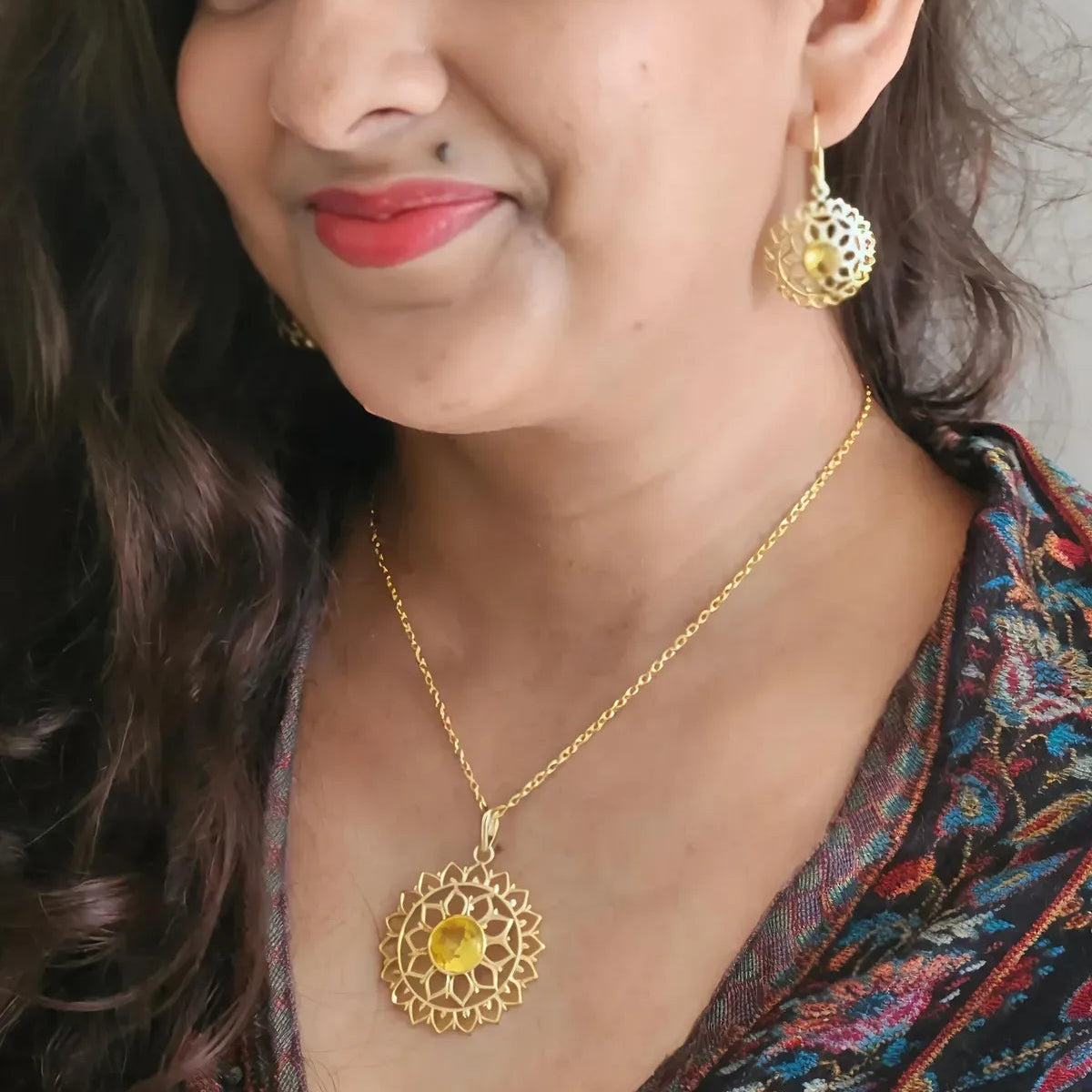 Sunflower pendant earrings chain set