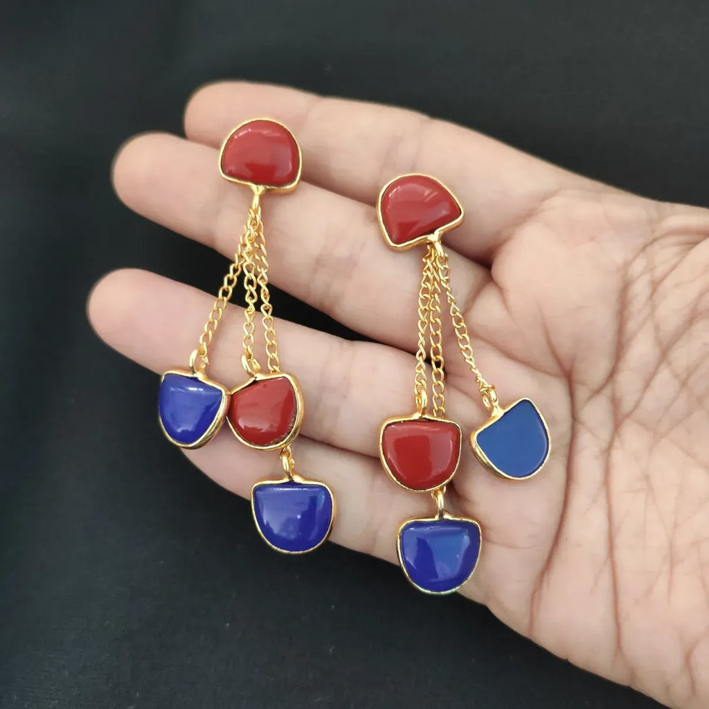 Red and blue Chalcedony dangling stones on chain earrings