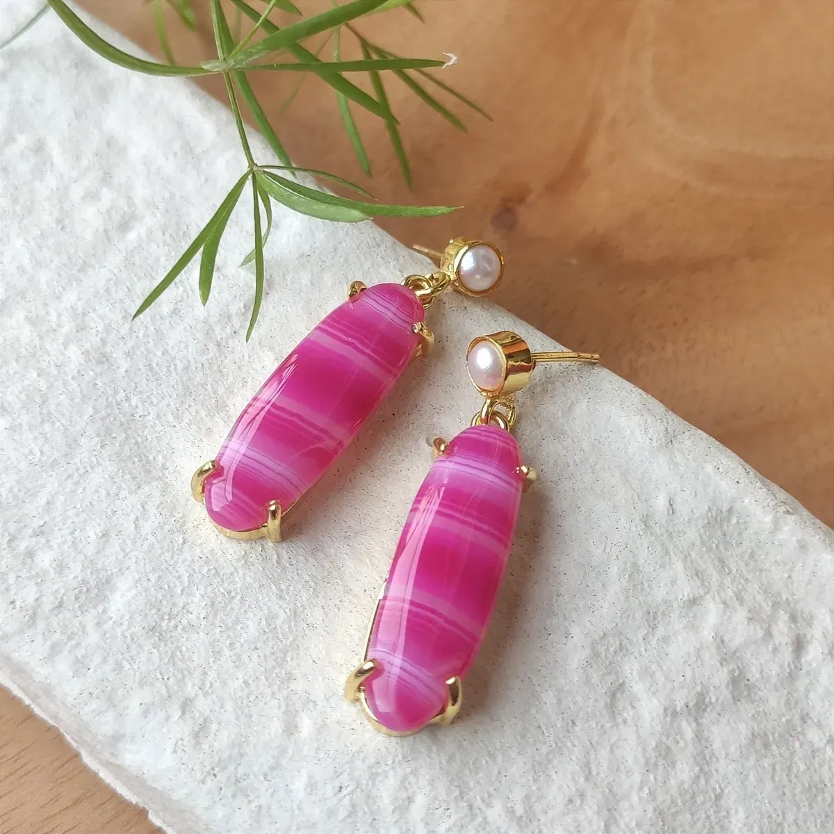 Chalcedony candy drop earrings with pearl - hot pink