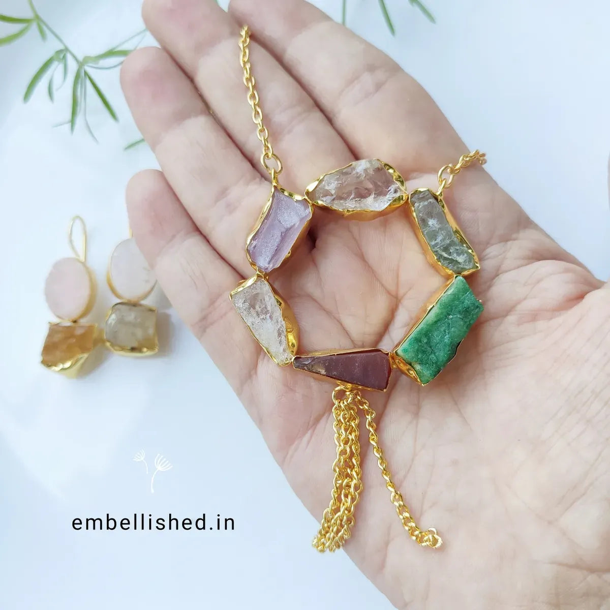 Multi-colored raw stones ring pendant chain with hook earrings