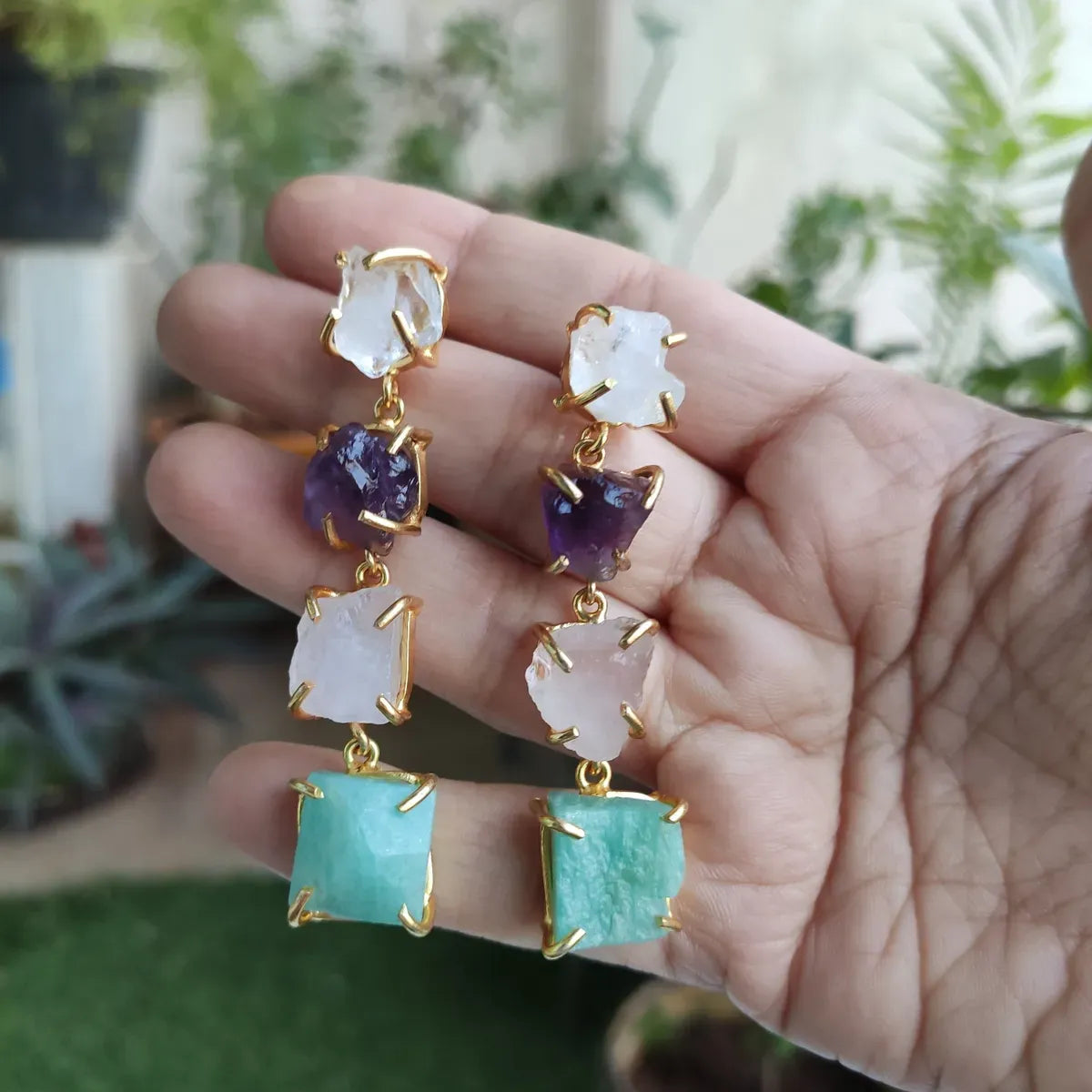 Raw natural stones rope earrings
