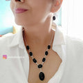 Silver-plated glass stone necklace set - black