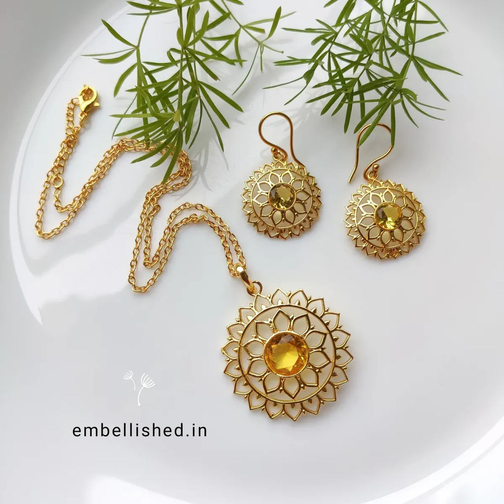 Sunflower pendant earrings chain set