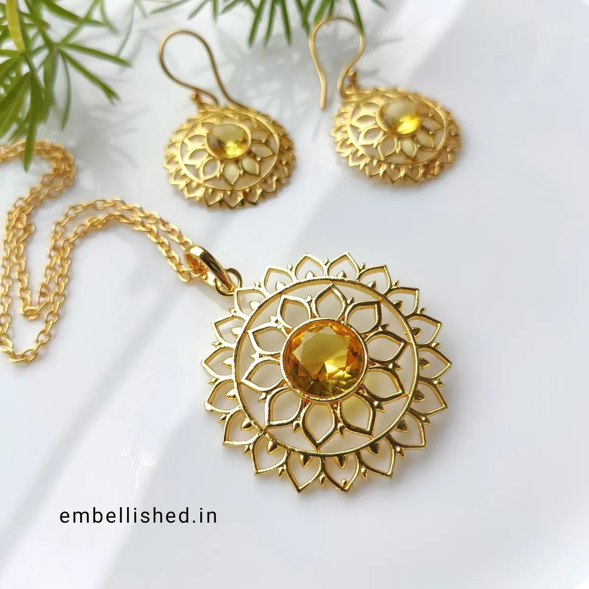 Sunflower pendant earrings chain set