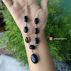 Silver-plated glass stone necklace set - black