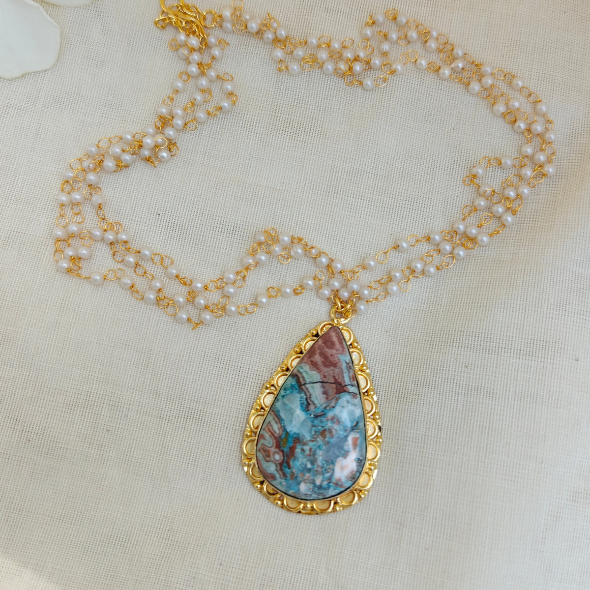 Pearl Layered Necklace with Natural Stone Pendant