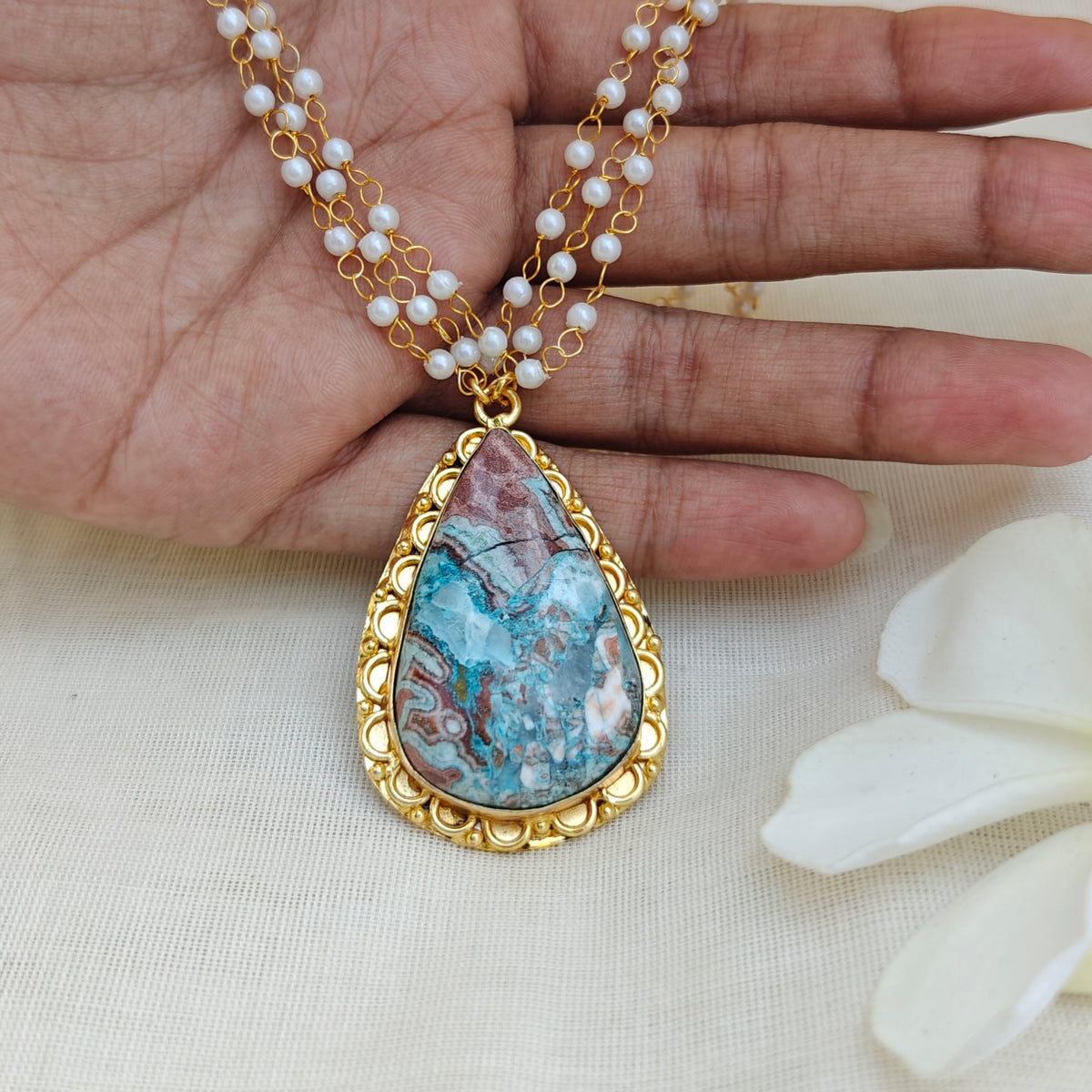 Pearl Layered Necklace with Natural Stone Pendant
