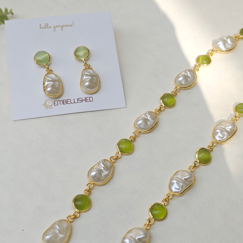 Mint beads and Irregular Pearls Lariat necklace set