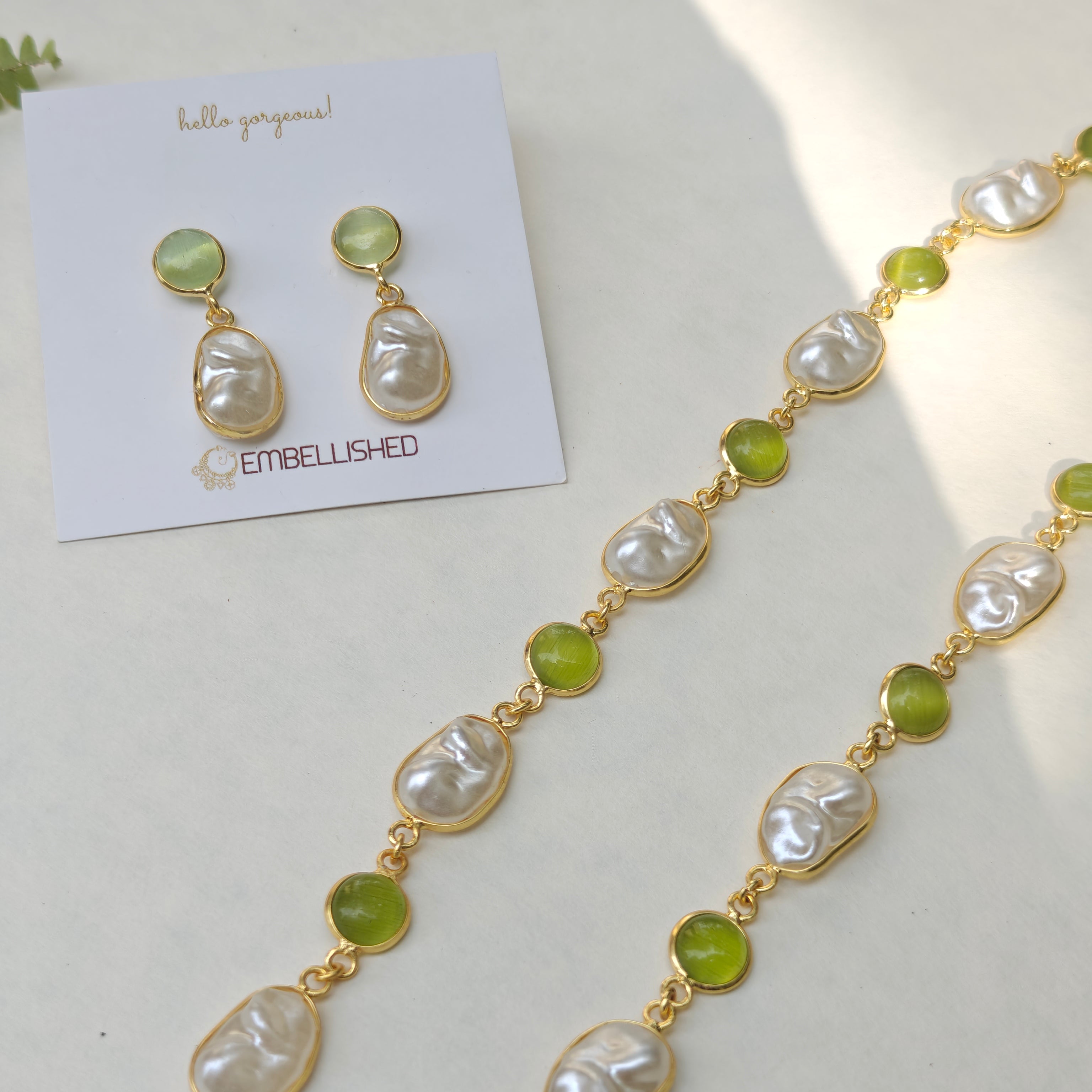 Mint beads and Irregular Pearls Lariat necklace set