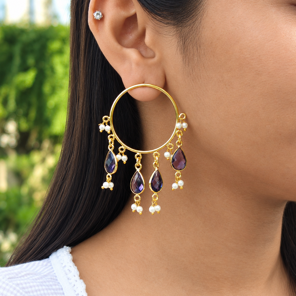 Purple Pearl Cascade Hoop Earrings