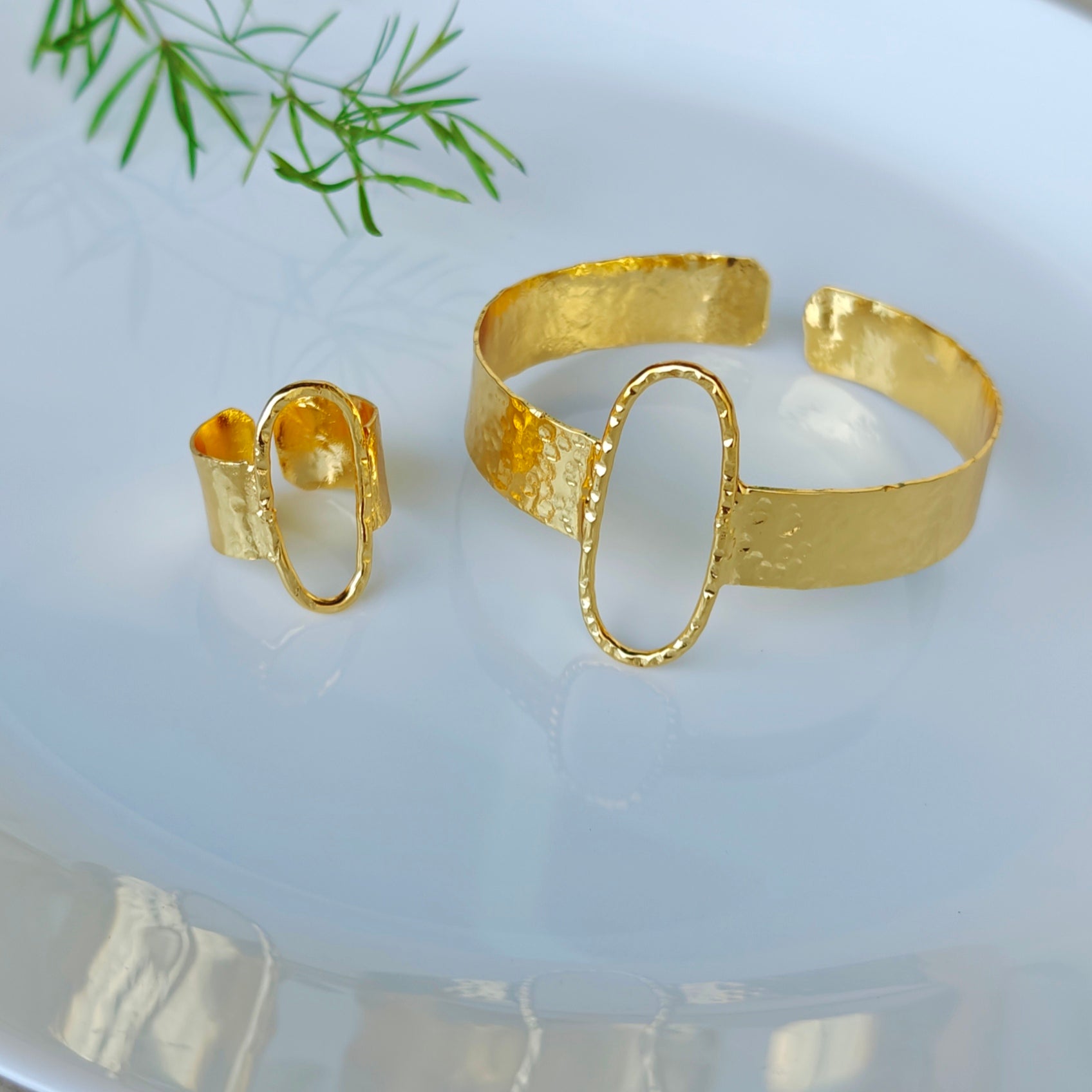 Hammered Ellipse Cuff and ring set