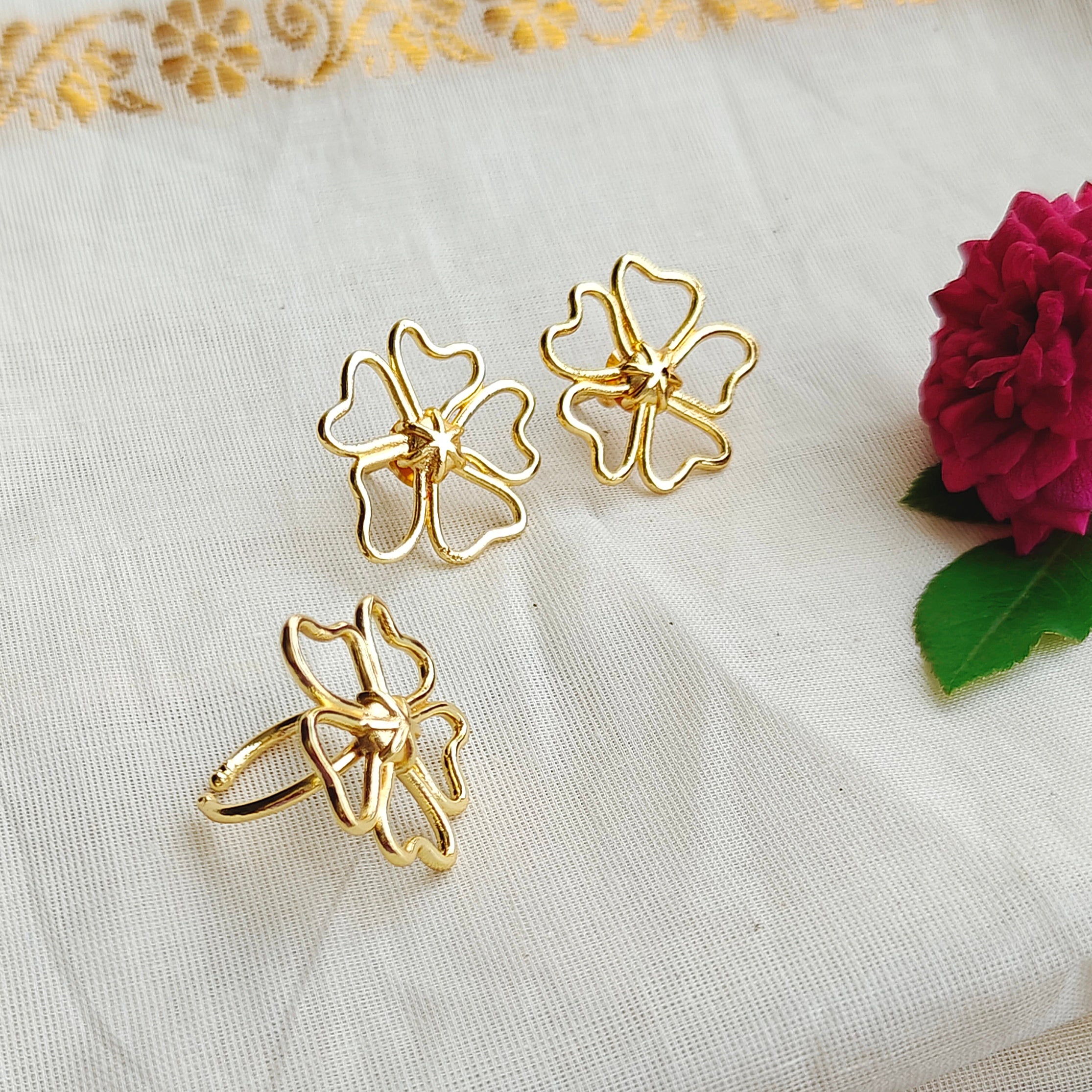 Heart-Petal Studs with Finger Ring