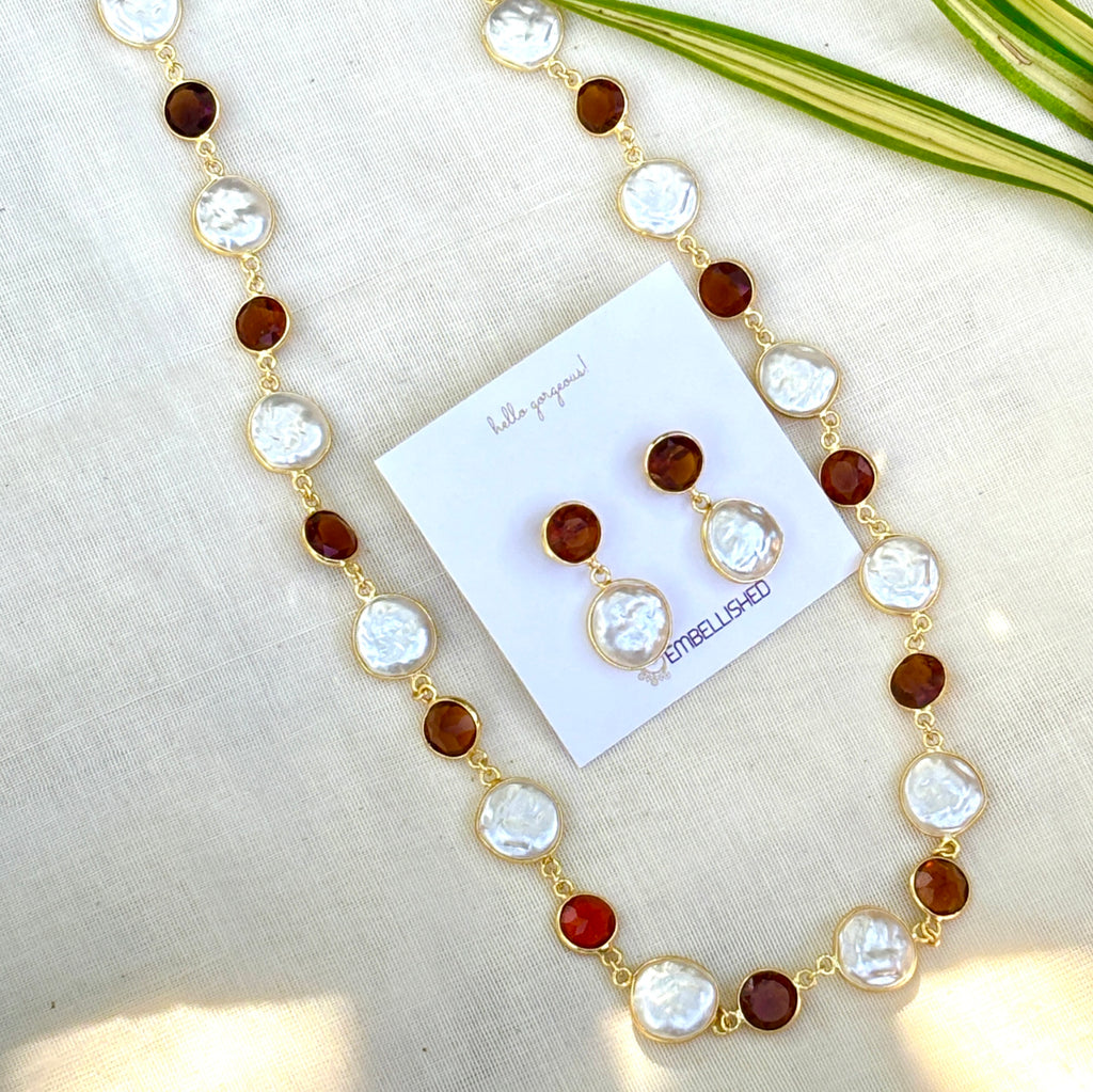 Caramel beads and Coin Pearls Lariat necklace set