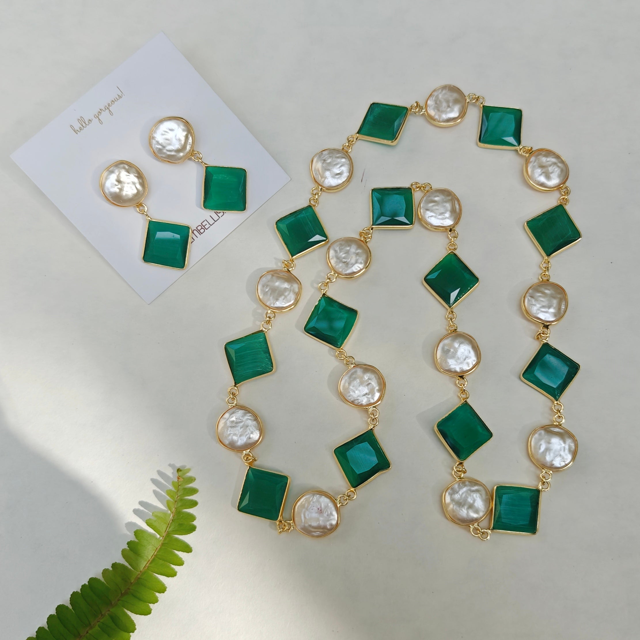 Emerald Squares and Coin Pearls Lariat necklace set