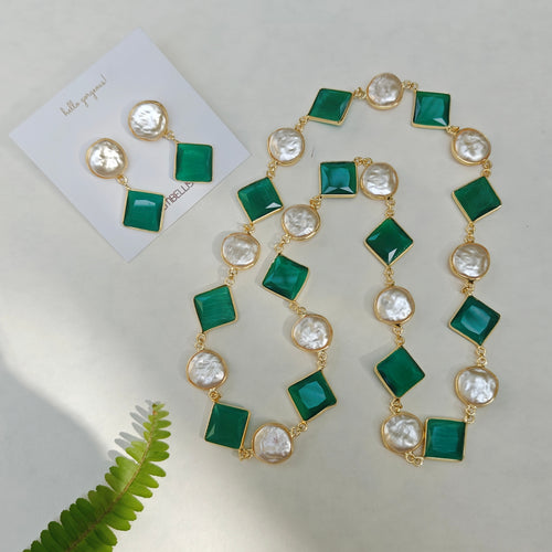 Emerald Squares and Coin Pearls Lariat necklace set