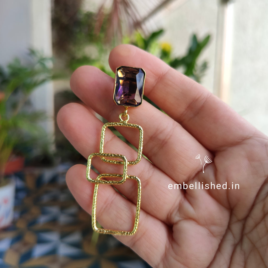 Interlinked purple and gold squares drop earrings