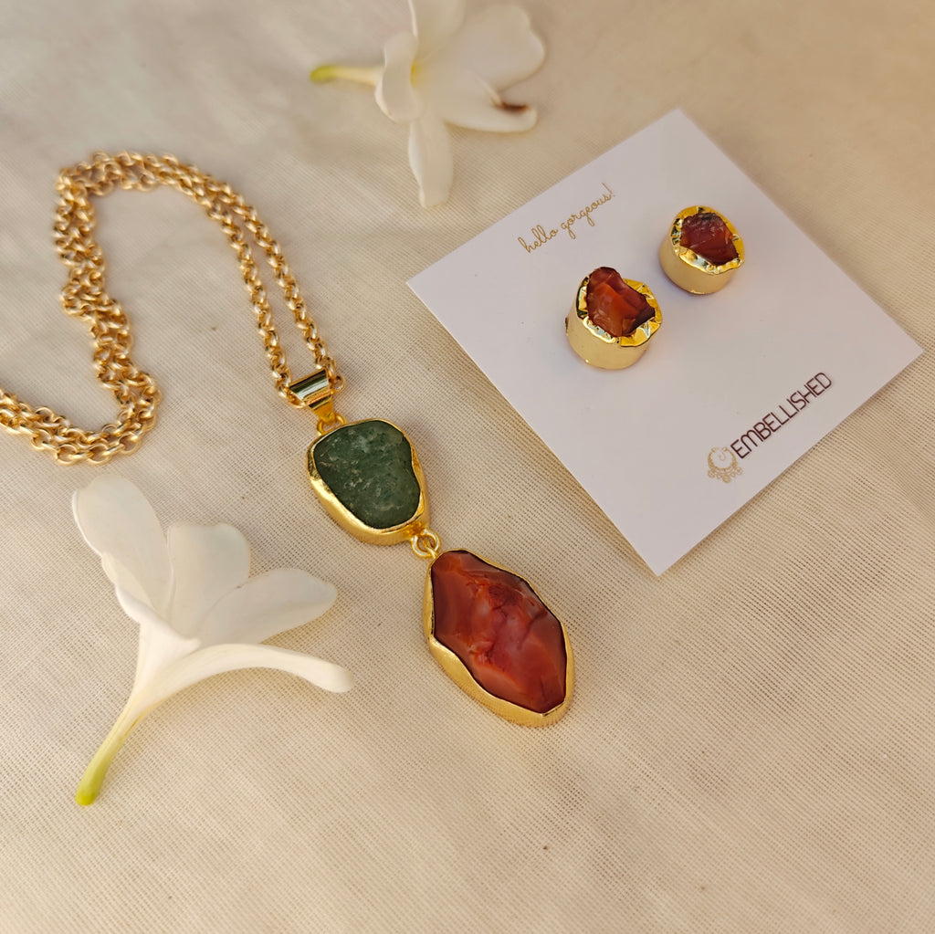 Earth and Fire Raw Gemstone Pendant necklace set
