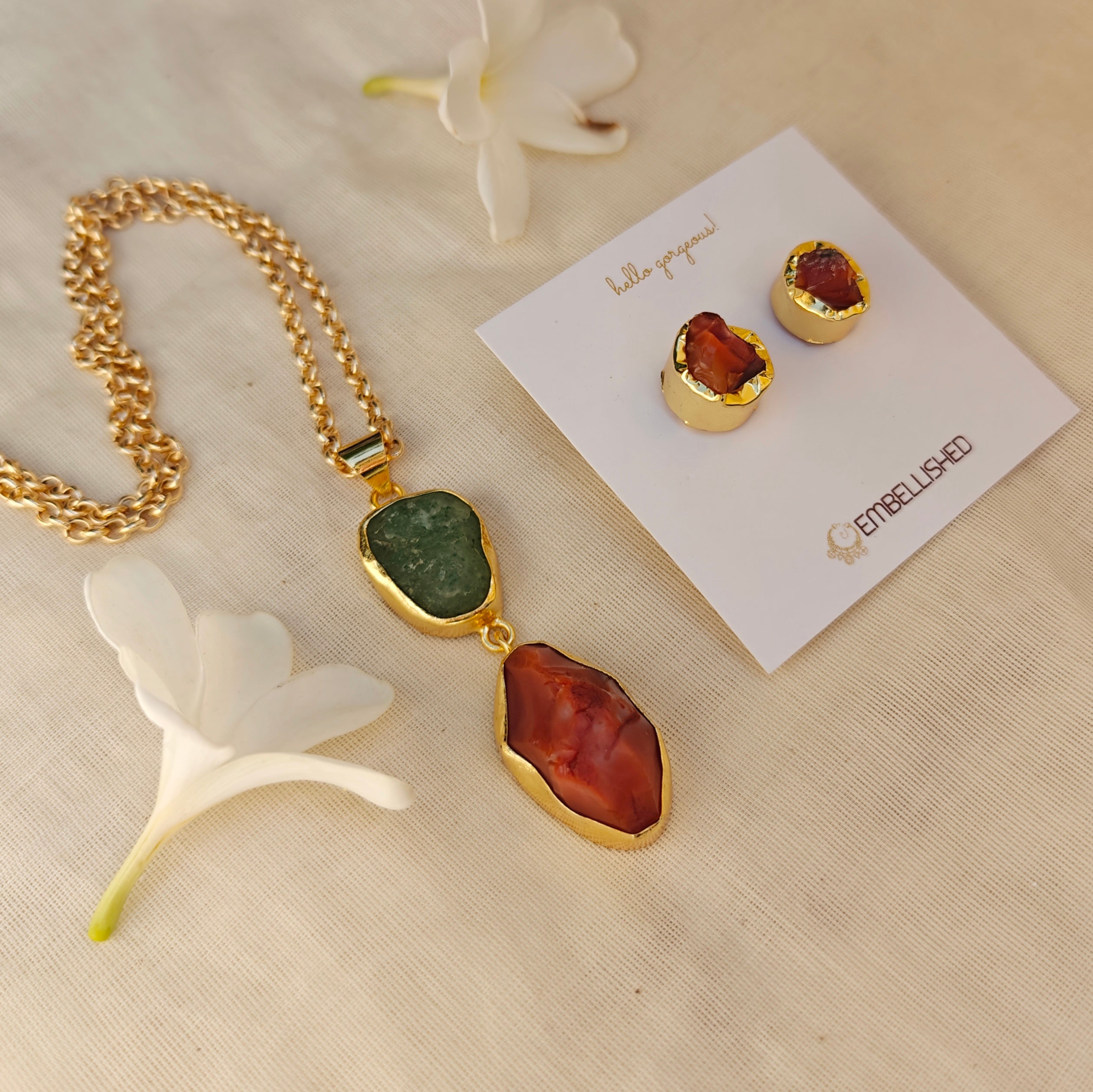Earth and Fire Raw Gemstone Pendant necklace set