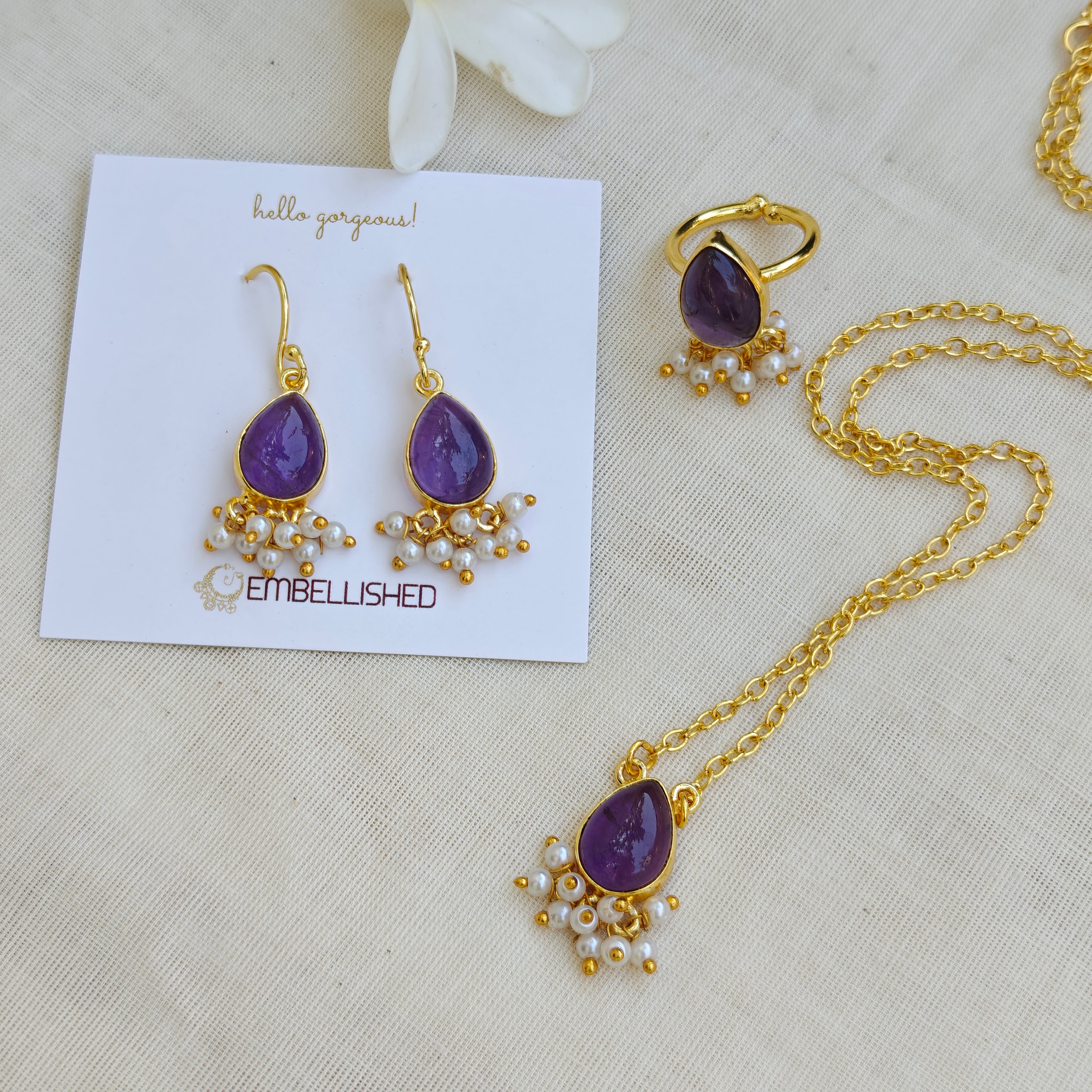 Dewdrop Gemstone Set with Seed Pearl Fringe