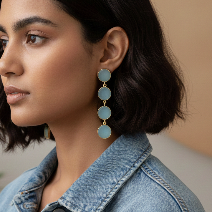Glass button rope earrings - sky blue