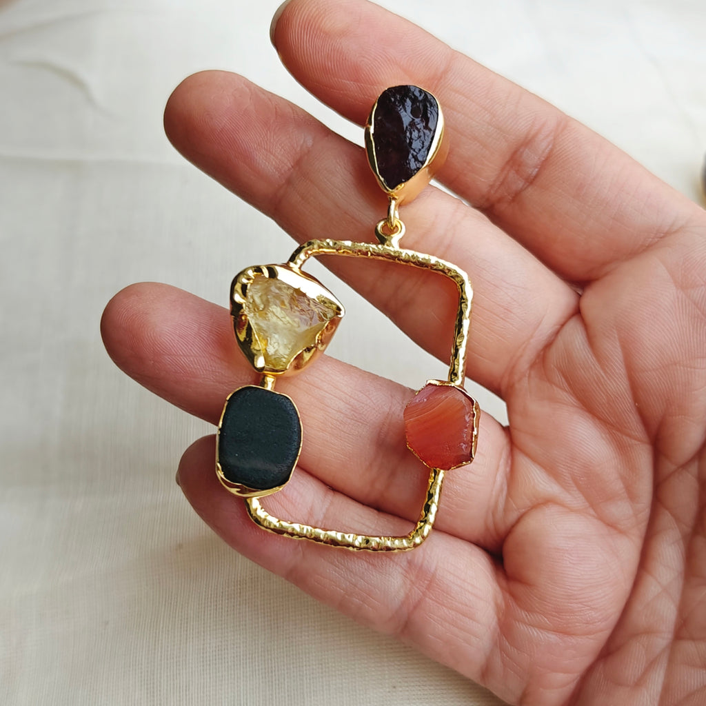 Raw Stone & Gold Hammered Rectangular Drop Earrings
