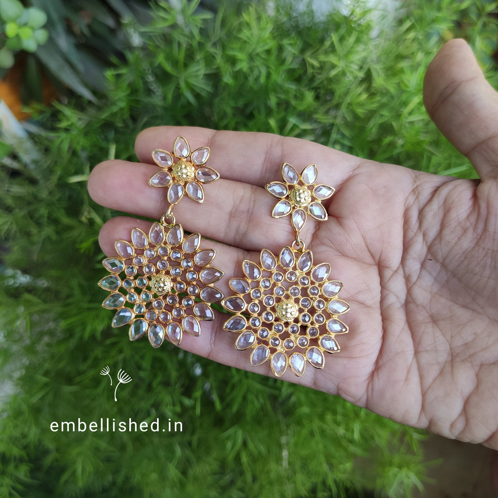 92.5 Sterling Silver Crystal Polki large chandelier balis - Gold