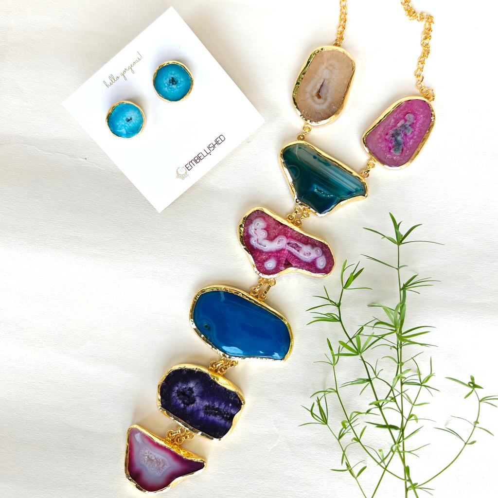 Multi-colored Geode Cascade Tie necklace set