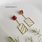 Geometric grid drop earrings - red