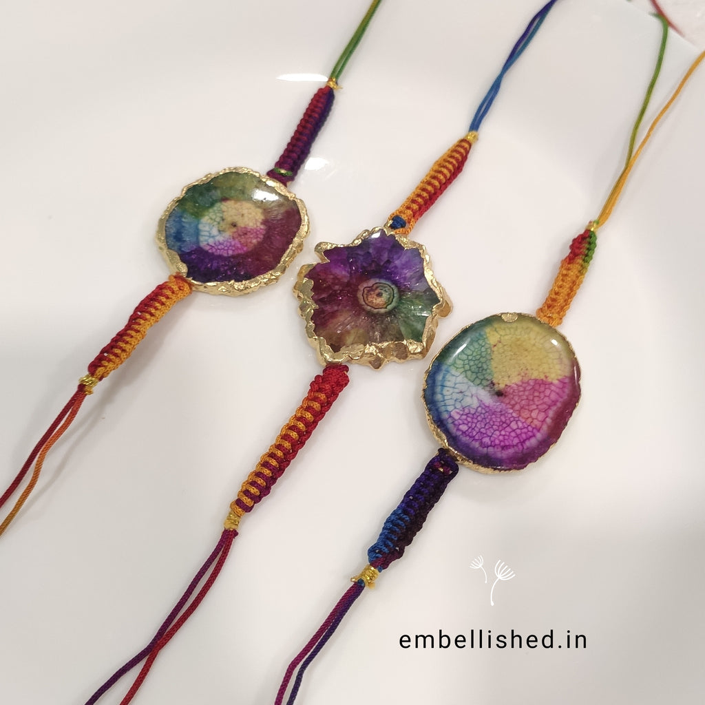 Solar Agate Slice Rakhi with Handwoven Rainbow Cord