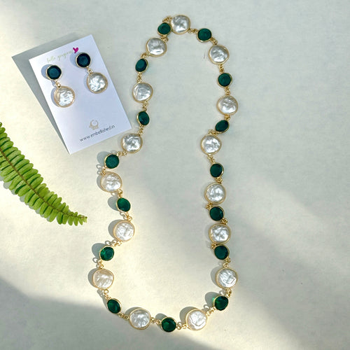 Emerald beads and Coin Pearls Lariat necklace set