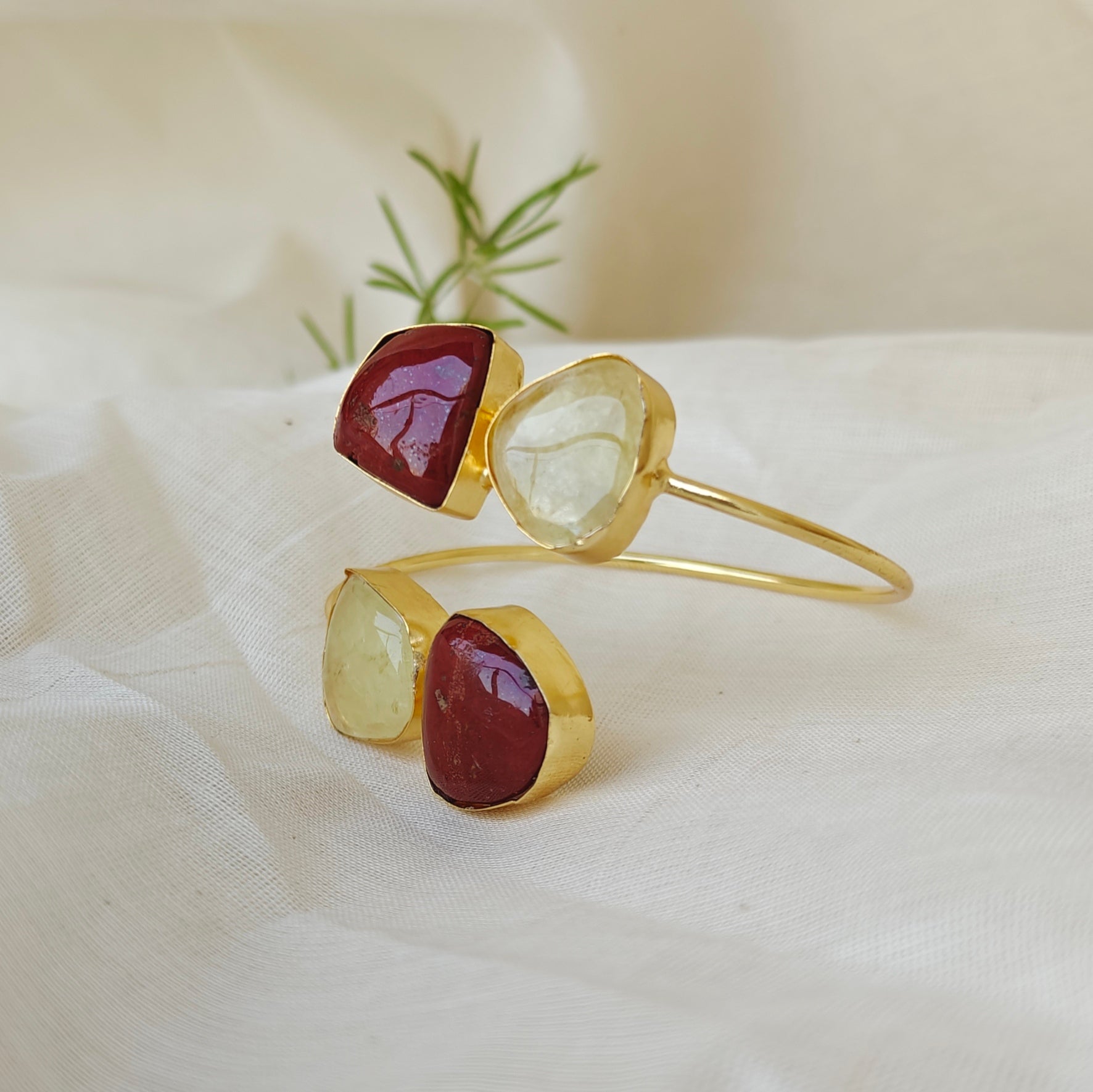 Dual Stone Open Bangle - Lemon Quartz, Jasper