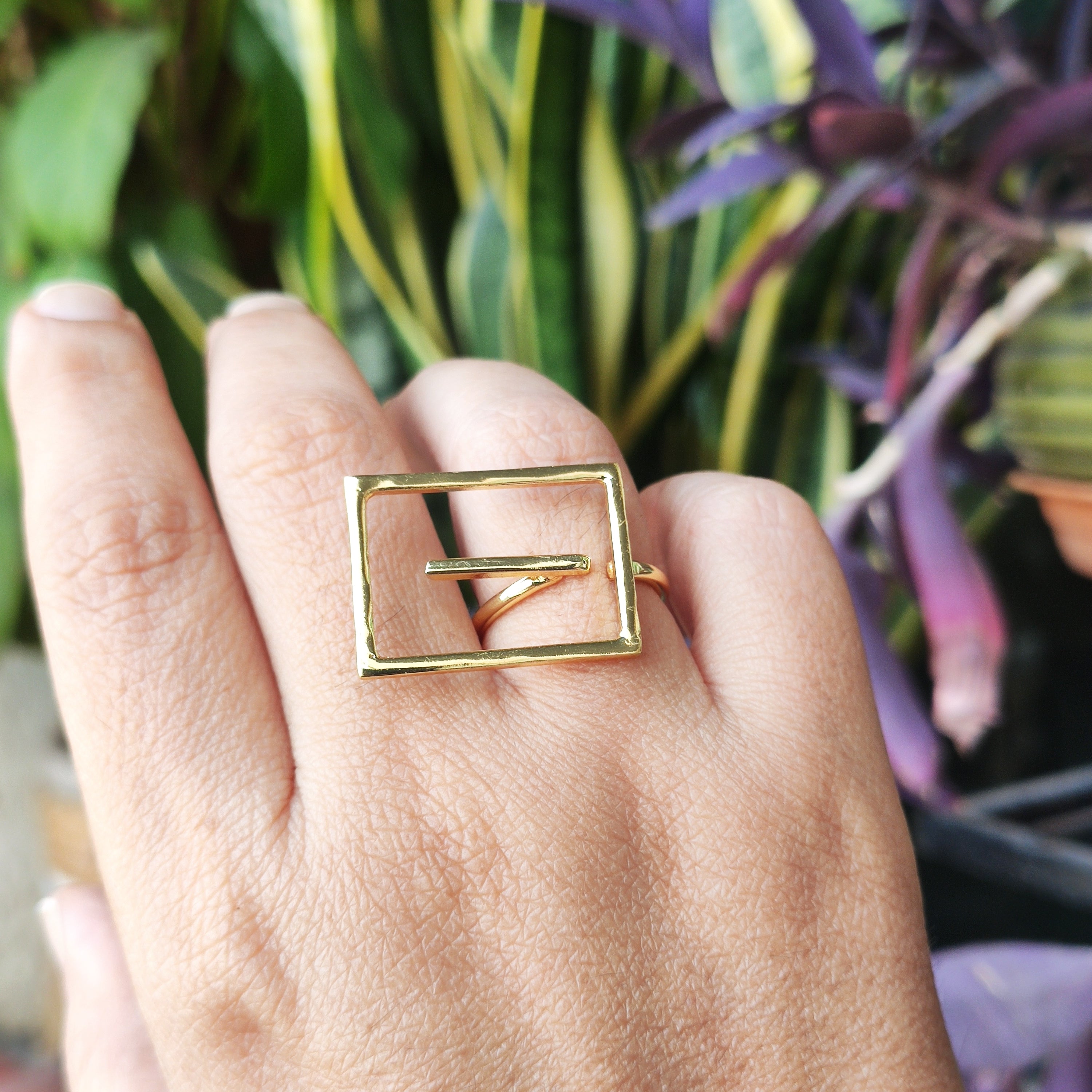 Gold rectangle two finger ring