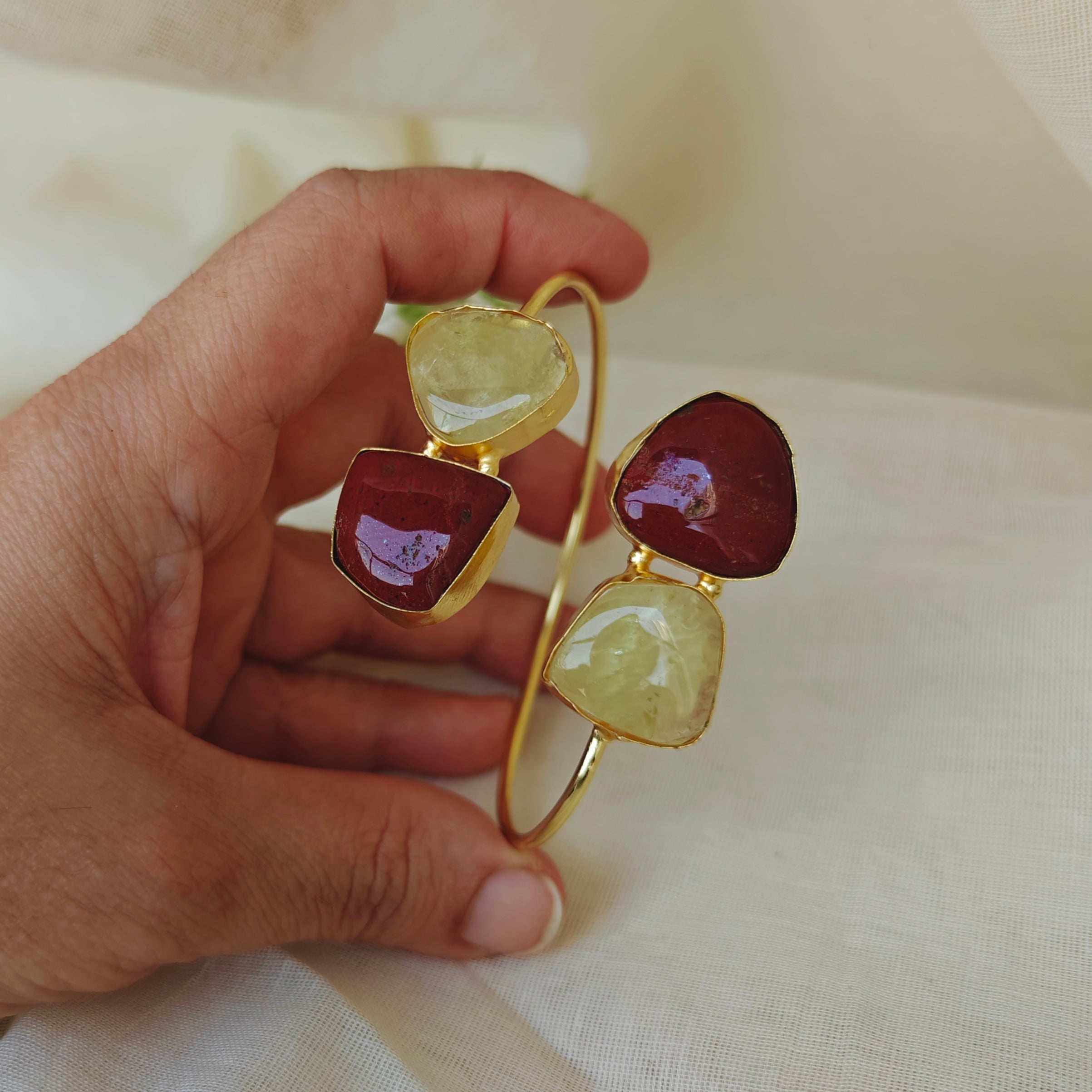Dual Stone Open Bangle - Lemon Quartz, Jasper